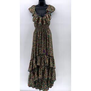 PURPLE QUEEN Women's Green Printed Ruffle Short Sleeve Maxi Dress SZ S